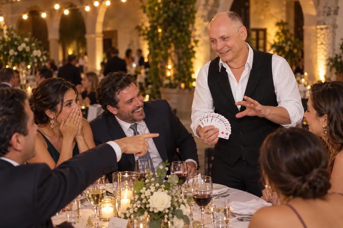 Mago Konstant despliega un abanico de cartas junto a la mesa de los invitados