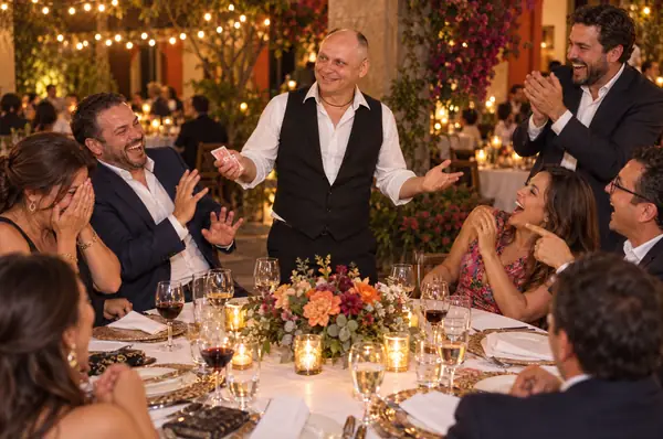 Los invitados de una mesa ríen y aplauden mientras el mago muestra una carta