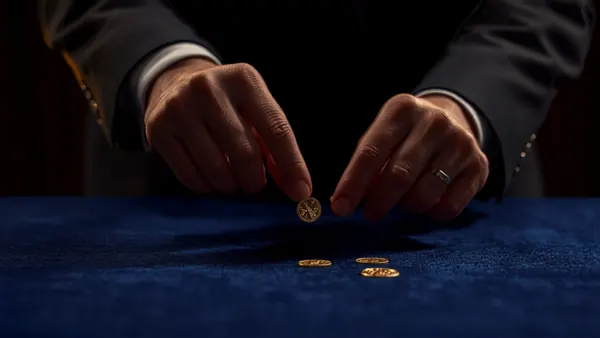 Manos del mago haciendo un truco con monedas doradas sobre la mesa